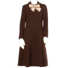 Adele Simpson Vintage 1960's 60s Striped Ascot Bow Tie Brown Crepe Dress 3