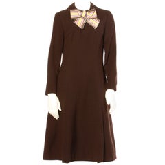 Adele Simpson Vintage Striped Ascot Bow Tie Brown Crepe Dress, 1960s 