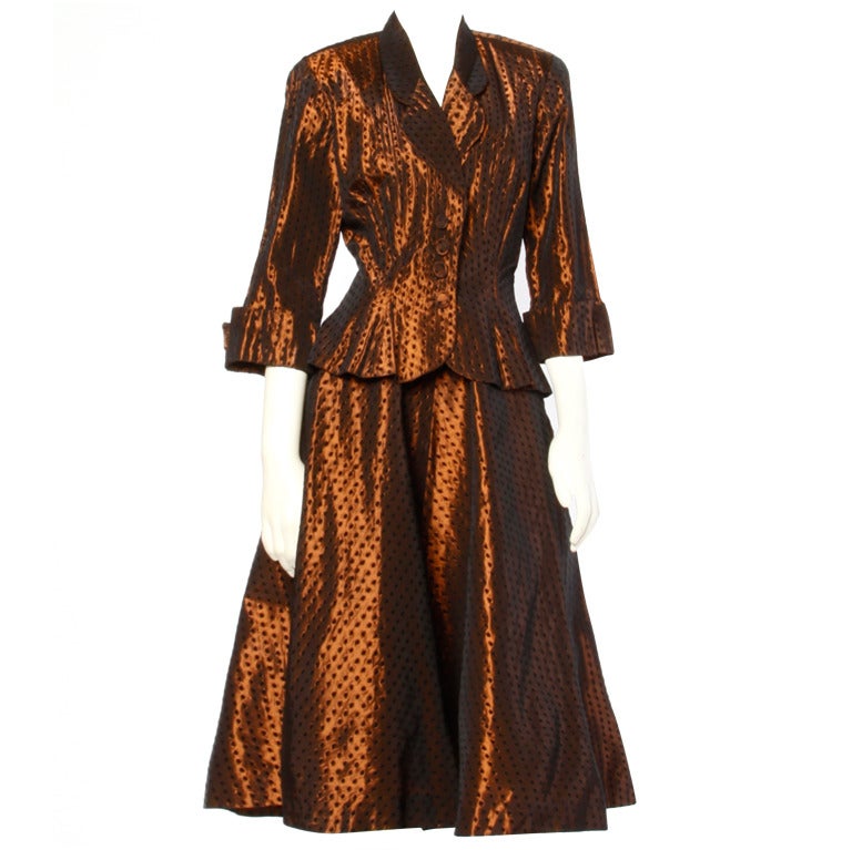 Vintage Helen Carter 1940's 40s Brown Silk Taffeta 2-Pc Suit- Jacket + Skirt Set