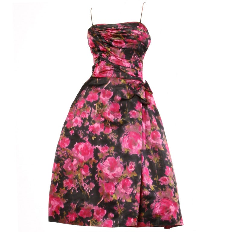 Vintage 1960's 60s Pink Black Floral Print Silk Satin Cocktail Dress