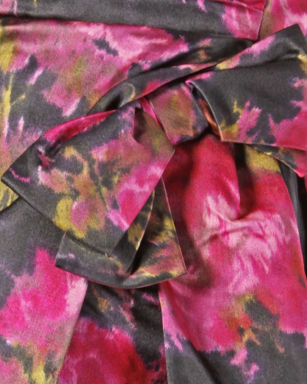 Women's Vintage 1960's 60s Pink Black Floral Print Silk Satin Cocktail Dress