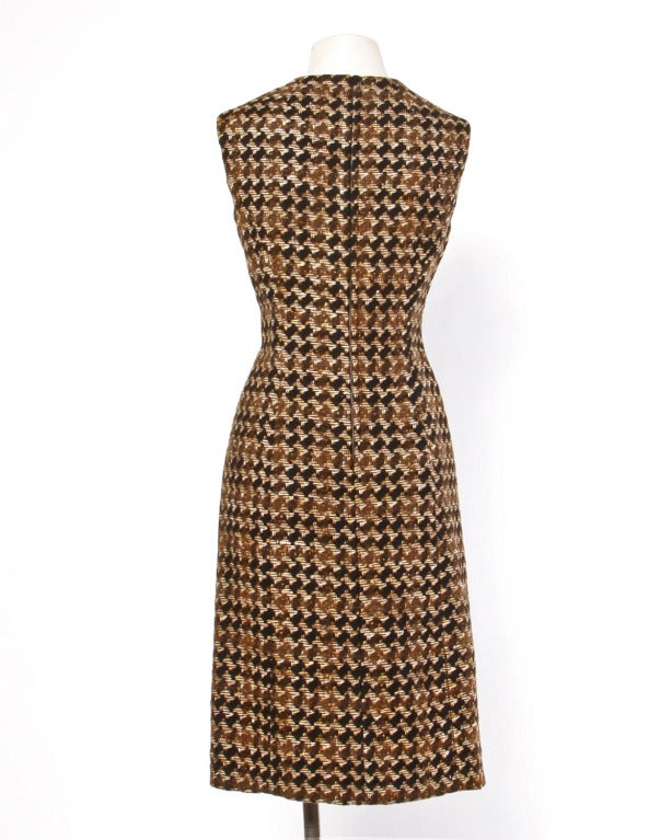 Adele Simpson Vintage 1960's 60s Houndstooth Brown Wool Coat + Dress 2-Pc  Set