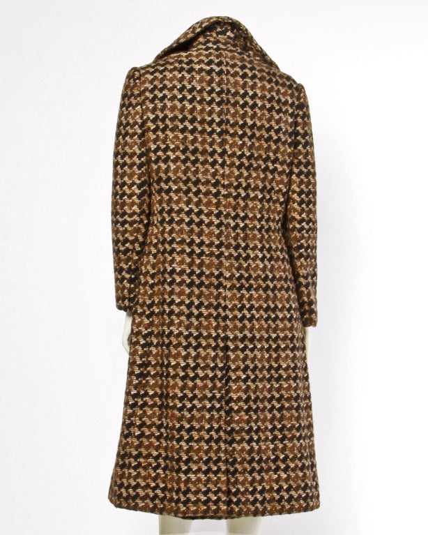 Women's Adele Simpson Vintage 1960's 60s Houndstooth Brown Wool Coat + Dress 2-Pc Set