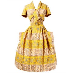 Vintage Royal of California 1940s 40s Tiki Dress, Belt + Bolero Jacket Ensemble