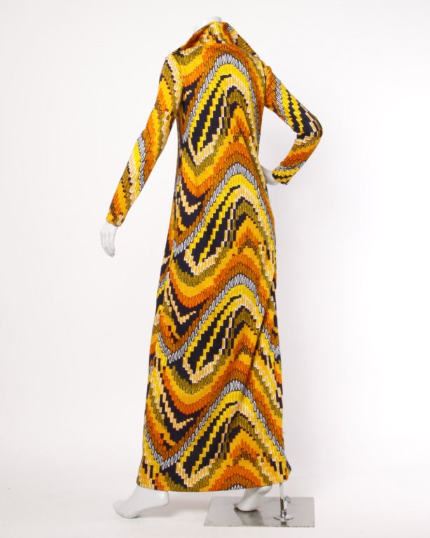 Orange Rizkallah for Malcolm Starr Vintage 1970s 70s Op Art Pixel Print Maxi Dress