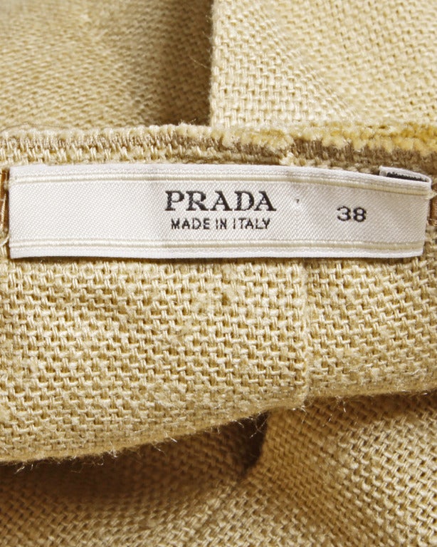 Prada 90s 1990s Neutral Tan Woven Burlap Pleated Wrap Skirt