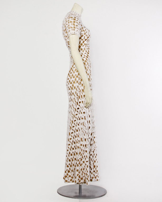 Women's Pat Sandler Vintage 1970s 70s Crochet Lace Nude Illusion Wedding Maxi Dress