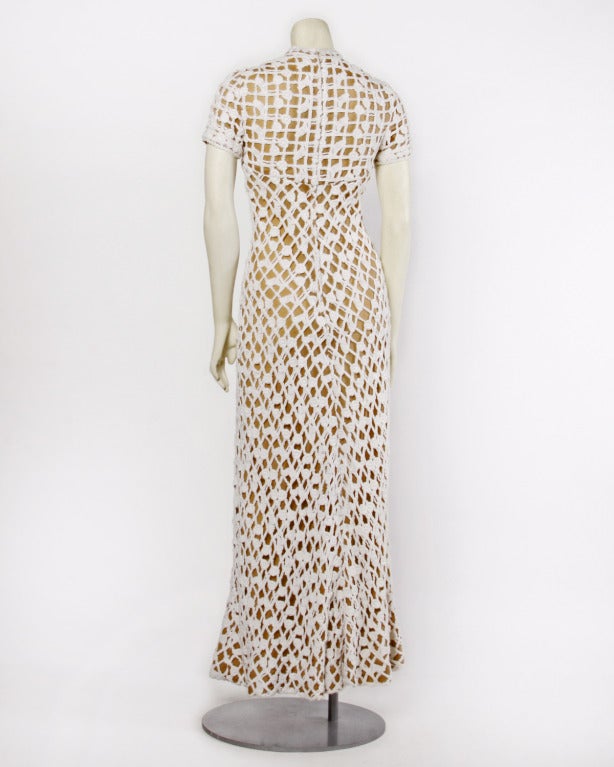 Pat Sandler Vintage 1970s 70s Crochet Lace Nude Illusion Wedding Maxi Dress 1