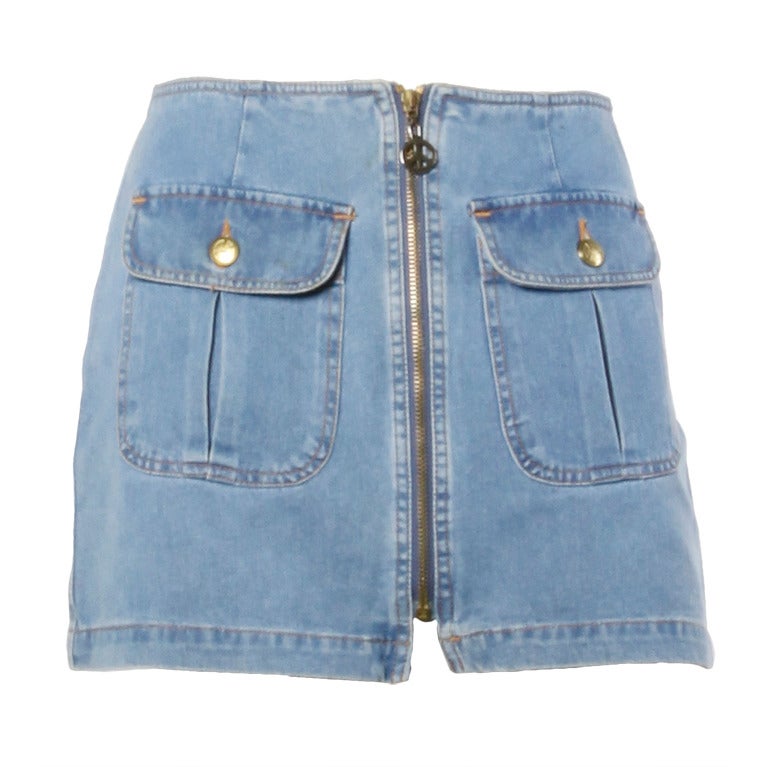 Moschino Jeans 1990s 90s Chambray Denim Zip Up Mini Skirt- Peace Sign  Buttons at 1stDibs