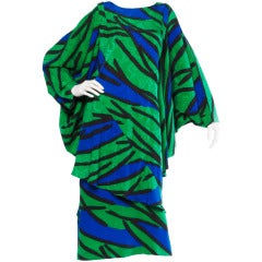 Avant Garde Vintage 1980s 80s Silk Cocoon Batwing Dress in Bright Green & Blue