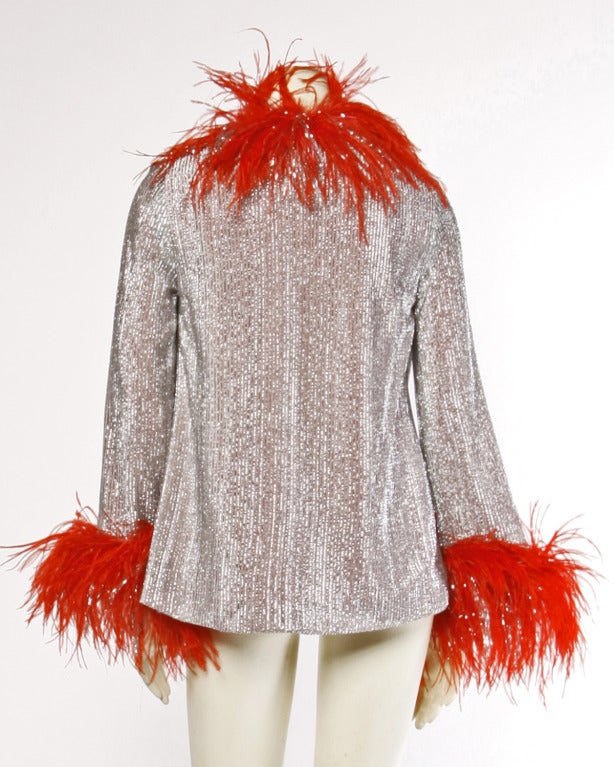 Women's Estevez Vintage 70s 1970s Metallic Silver + Red Marabou Feather Disco Jacket