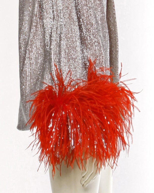 Estevez Vintage 70s 1970s Metallic Silver + Red Marabou Feather Disco Jacket 1