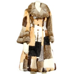Donald Brooks Vintage 1970s 70s Patchwork Rabbit Fur Coat with Bell Sleeves