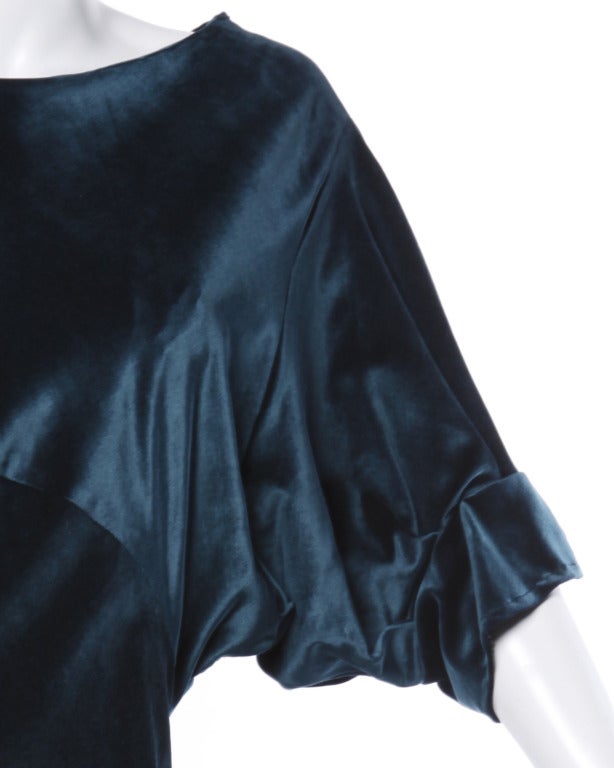 Vintage 1930s 30s Green-Blue Velvet Party Dress with Dolman Sleeves