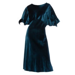 Vintage 1930s 30s Green-Blue Velvet Party Dress with Dolman Sleeves