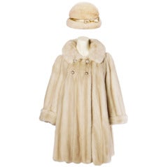 Vintage 1950s 50s Blond Mink Fur Coat + Hat 2-Piece Set