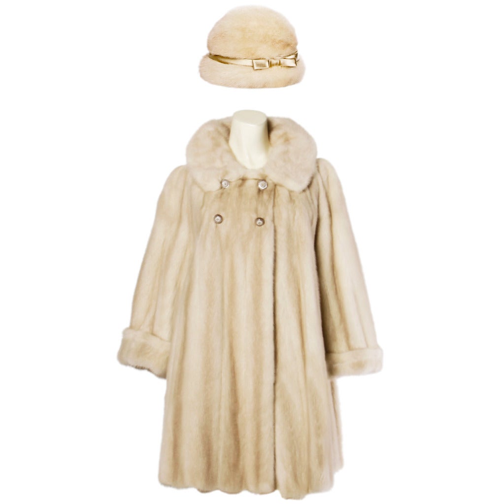Vintage 1950s 50s Blond Mink Fur Coat + Hat 2-Piece Set