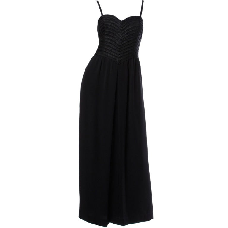 Krizia - Robe longue vintage noire à corsage en soie tressée et à motifs formels en vente