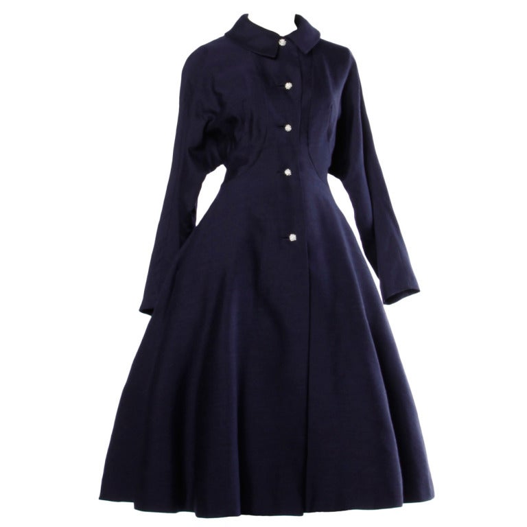 Vintage 1950's 50s Navy Blue Wool New Look Coat Dress with Rhinestone Buttons
