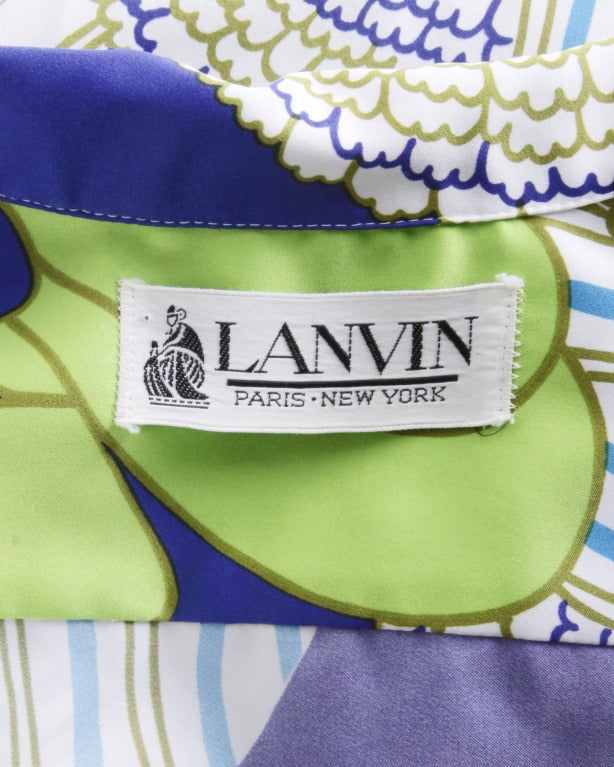 Lanvin Vintage 1970s 70s Floral Op Art Print Shirt Dress in Blue & Green