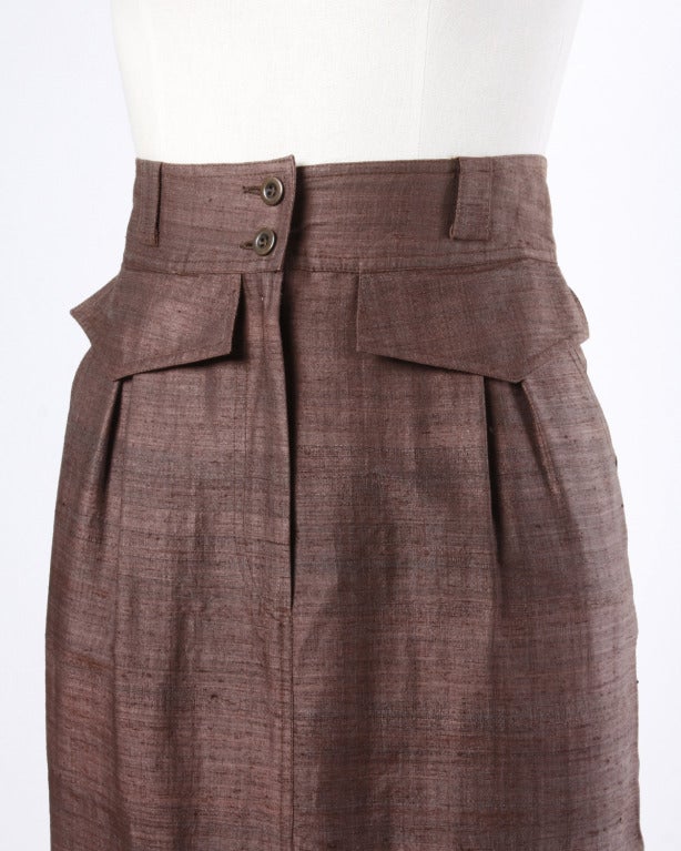 Alberta Ferretti Brown Raw Silk High Waist Pencil Skirt In Excellent Condition In Sparks, NV