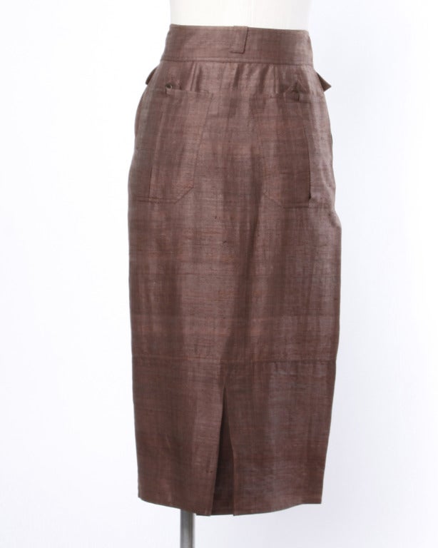 Women's Alberta Ferretti Brown Raw Silk High Waist Pencil Skirt