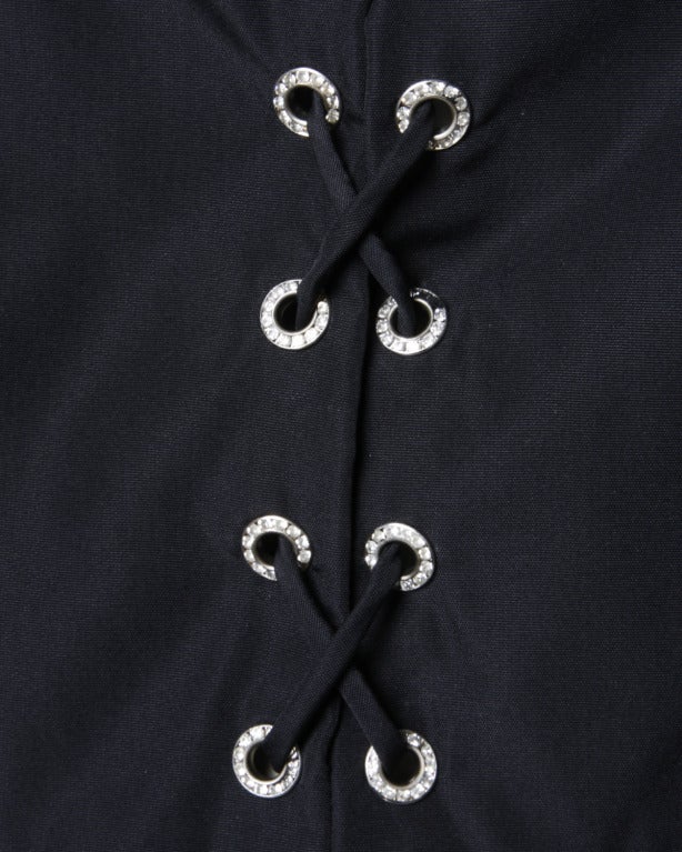 Mollie Parnis Vintage 70s 1970s Lace Up Puff Sleeves Black Gothic Silk Dress