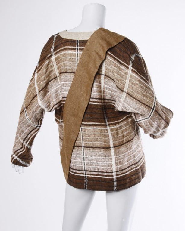 Gianni Versace Vintage 1980s Brown Plaid Linen/ Cotton Asymmetric Blazer Jacket In Excellent Condition In Sparks, NV