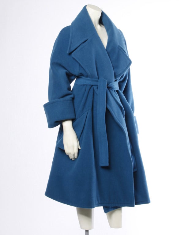 1990s Karl Lagerfeld Vintage Teal Blue Soft Angora Wool + Alpaca Trench ...