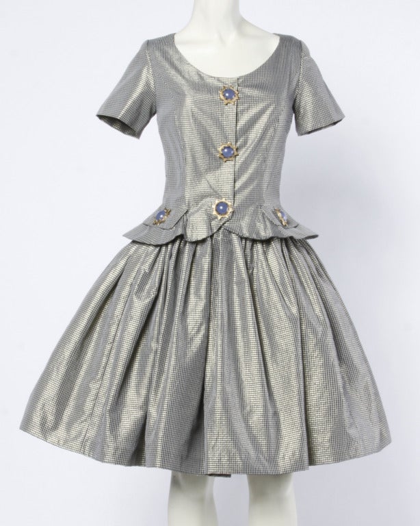 Oscar de la Renta 1980s Vintage Metallic Taffeta Party Dress Oversized Buttons