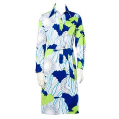 Lanvin Vintage 1970s 70s Floral Op Art Print Shirt Dress in Blue & Green