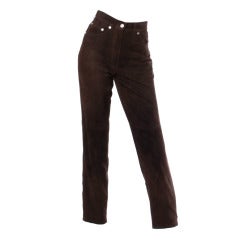 Gucci Brown Suede Leather High Waisted Pants with Embroidered Logo Pockets 5