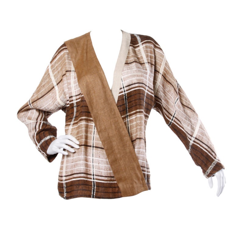 Gianni Versace Vintage 1980s Brown Plaid Linen/ Cotton Asymmetric Blazer Jacket For Sale