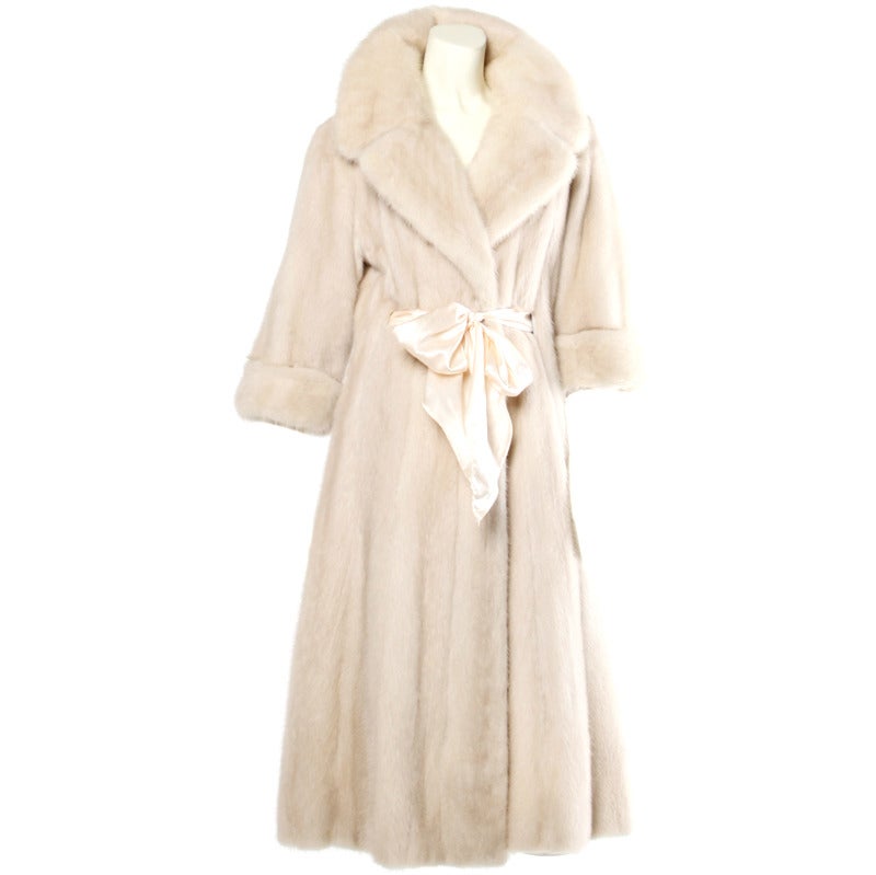 Vintage Blonde Mink Fur Full Length 70s 1970s Coat with Satin Bow Sash