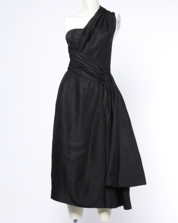 Vintage 1950s 50s Black Silk Asymmetric One-Shoulder Wiggle Cocktail ...