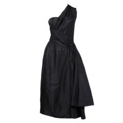 Vintage 1950s 50s Black Silk Asymmetric One-Shoulder Wiggle Cocktail Party Dress