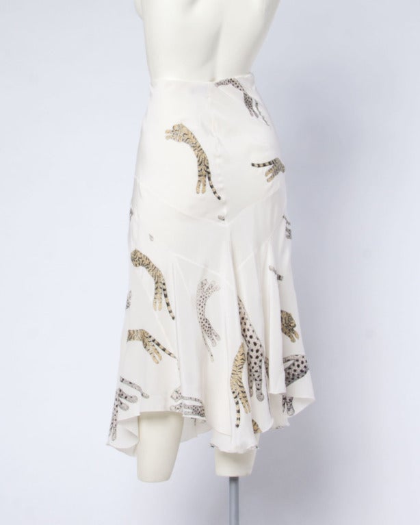 Roberto Cavalli Hand-Painted Leopards + Tigers Metallic White Silk Skirt 5