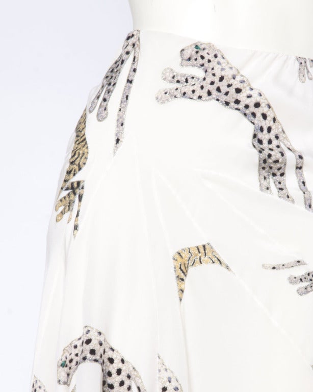 Gray Roberto Cavalli Hand-Painted Leopards + Tigers Metallic White Silk Skirt