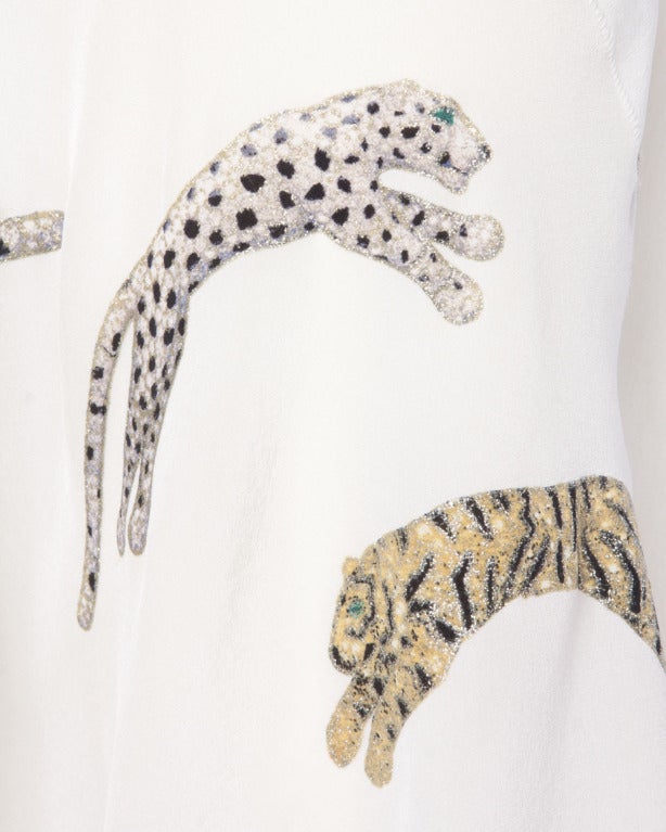 Women's Roberto Cavalli Hand-Painted Leopards + Tigers Metallic White Silk Skirt