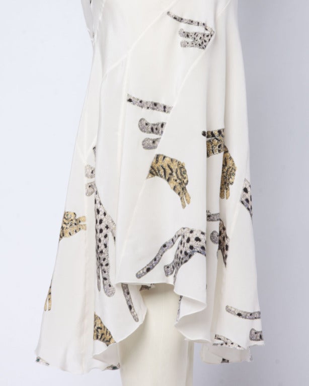 Roberto Cavalli Hand-Painted Leopards + Tigers Metallic White Silk Skirt 1