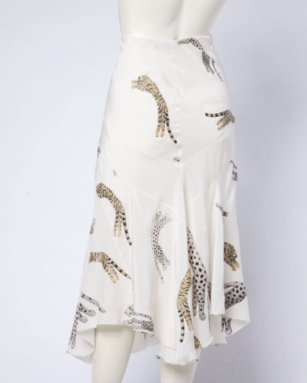 Roberto Cavalli Hand-Painted Leopards + Tigers Metallic White Silk Skirt 2
