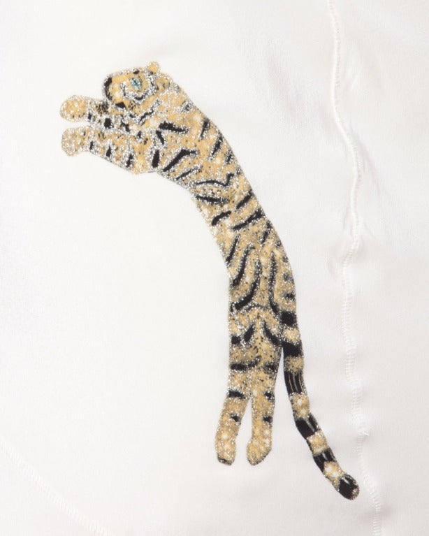 Roberto Cavalli Hand-Painted Leopards + Tigers Metallic White Silk Skirt 3
