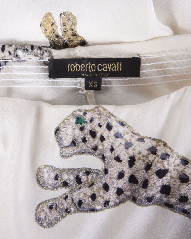 Roberto Cavalli Hand-Painted Leopards + Tigers Metallic White Silk ...