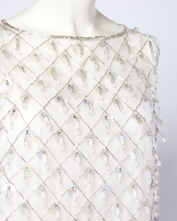 Vintage 1960s 60s White Silk Silver Beaded Fringe Sequin Paillettes Shift Dress 2