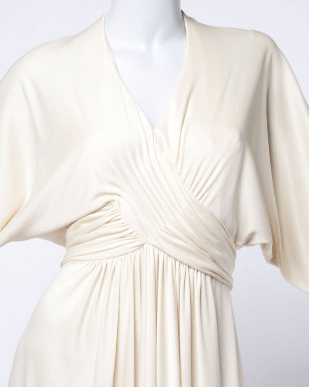 Beige Estevez Vintage 1970s 70s Draped Batwing Goddess Maxi Dress in Cream Jersey Knit