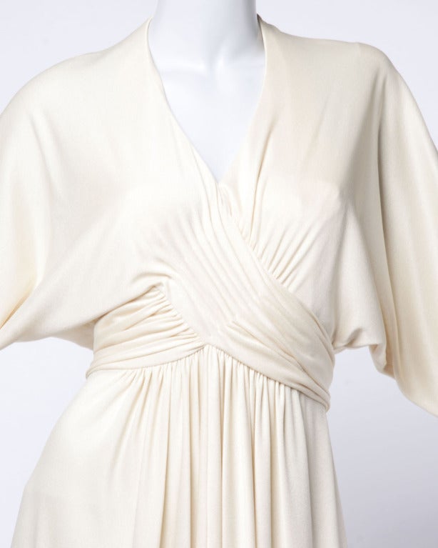 Beige Estevez Vintage 1970s 70s Draped Batwing Goddess Maxi Dress in Cream Jersey Knit