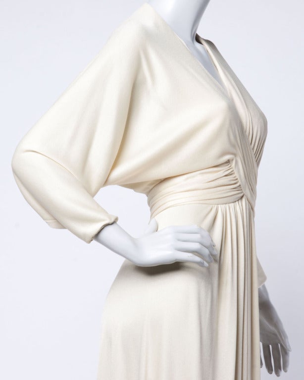 Estevez Vintage 1970s 70s Draped Batwing Goddess Maxi Dress in Cream Jersey Knit In Excellent Condition In Sparks, NV