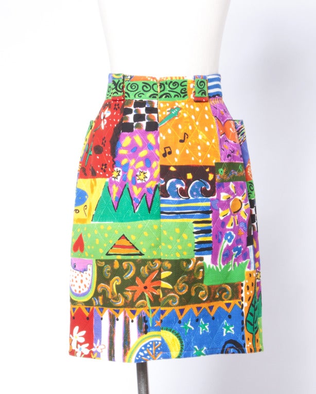 Amen Wardy  Vintage Bright Novelty Print Quilted Skirt, 1980s  In Excellent Condition For Sale In Sparks, NV