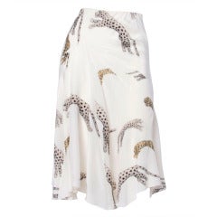 Roberto Cavalli Hand-Painted Leopards + Tigers Metallic White Silk Skirt