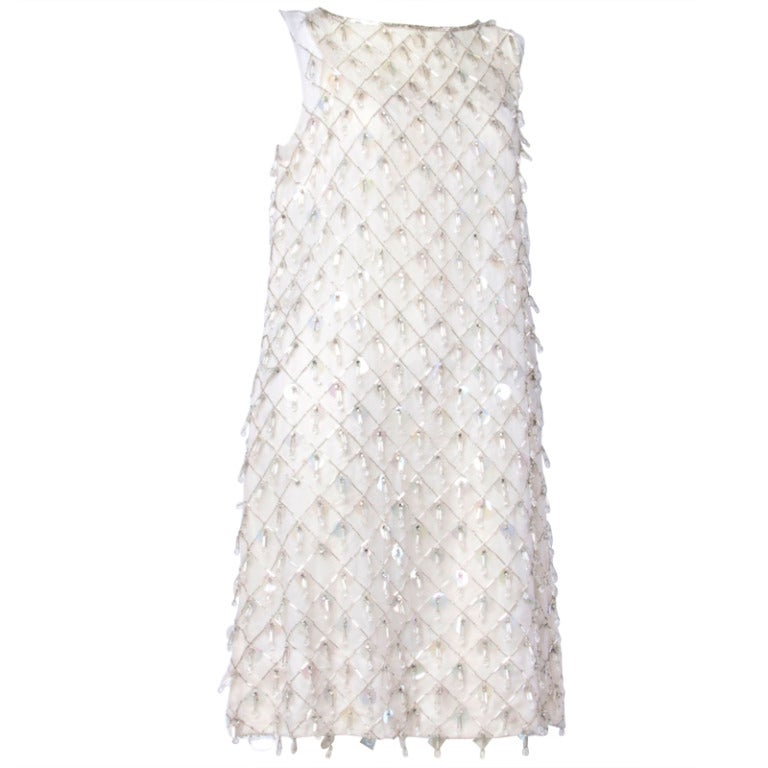 Vintage 1960s 60s White Silk Silver Beaded Fringe Sequin Paillettes Shift Dress